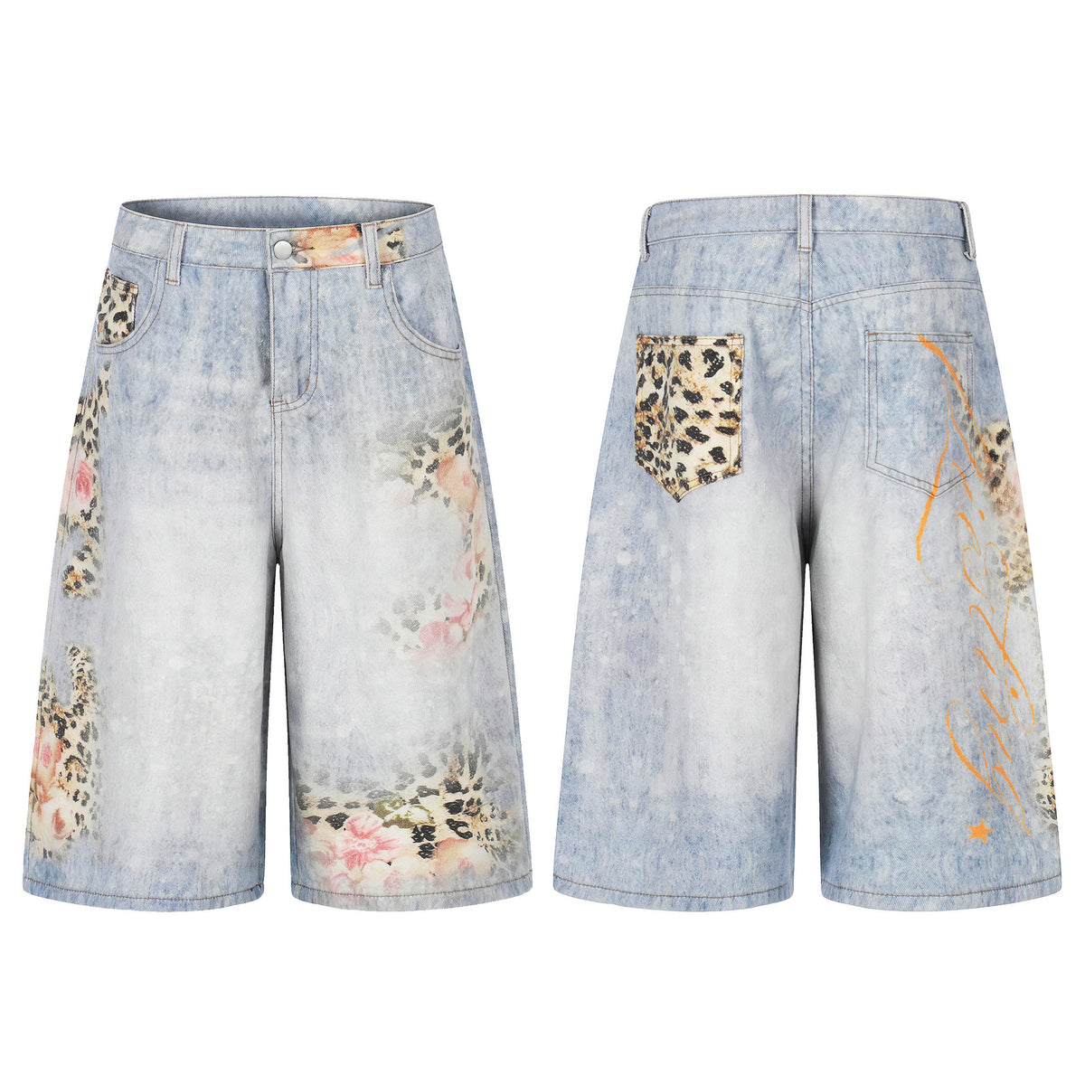 Leopard-print denim cropped pants, unisex loose wide-leg with patchwork leopard accents (3 shown)
