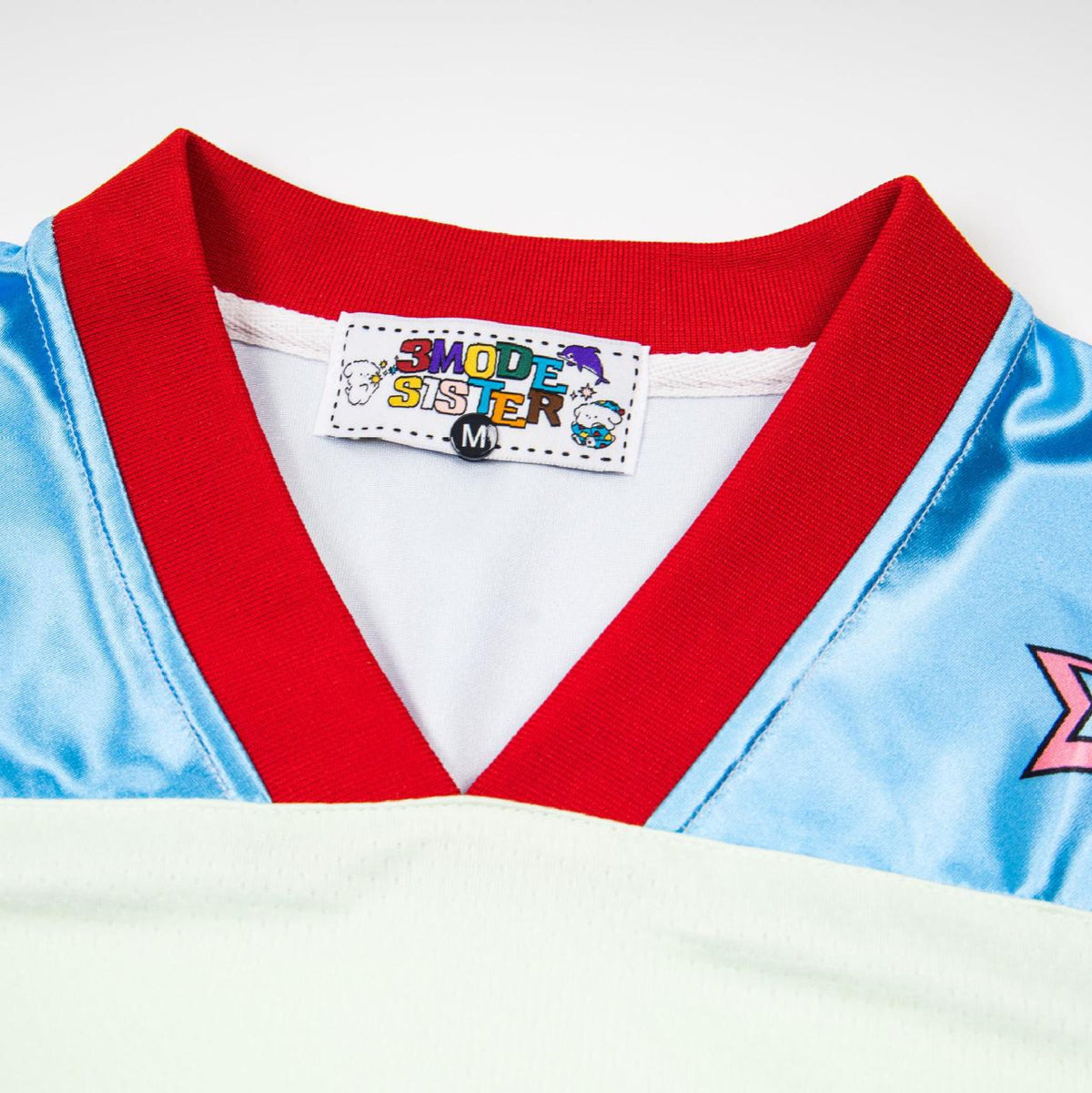 V-neck cartoon printed T-shirt, light blue with red collar, by eprolo