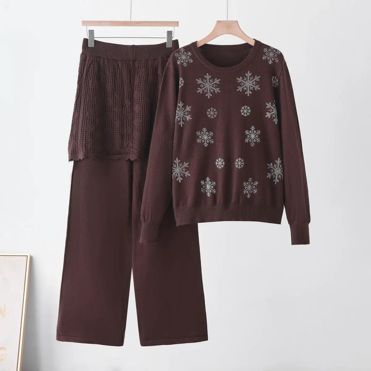 Women's rhinestone snowflake knit set with round-neck sweater and matching maroon pants by eprolo