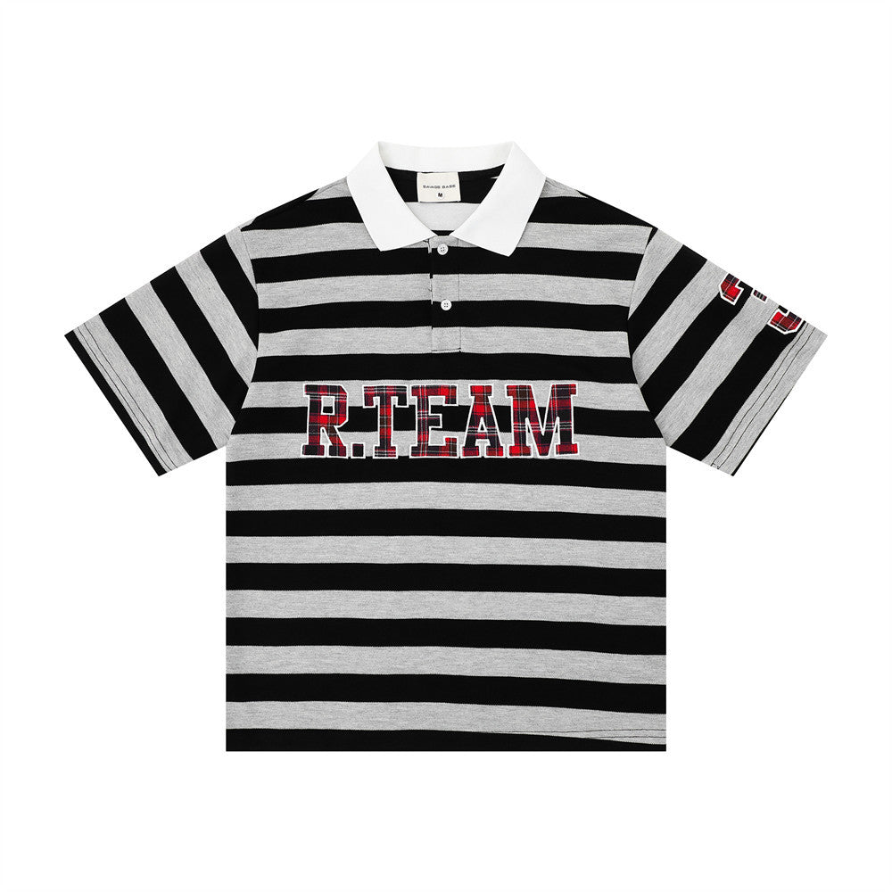 Polo shirt with black and gray stripes, white collar, short sleeves, R.TEAM graphic.