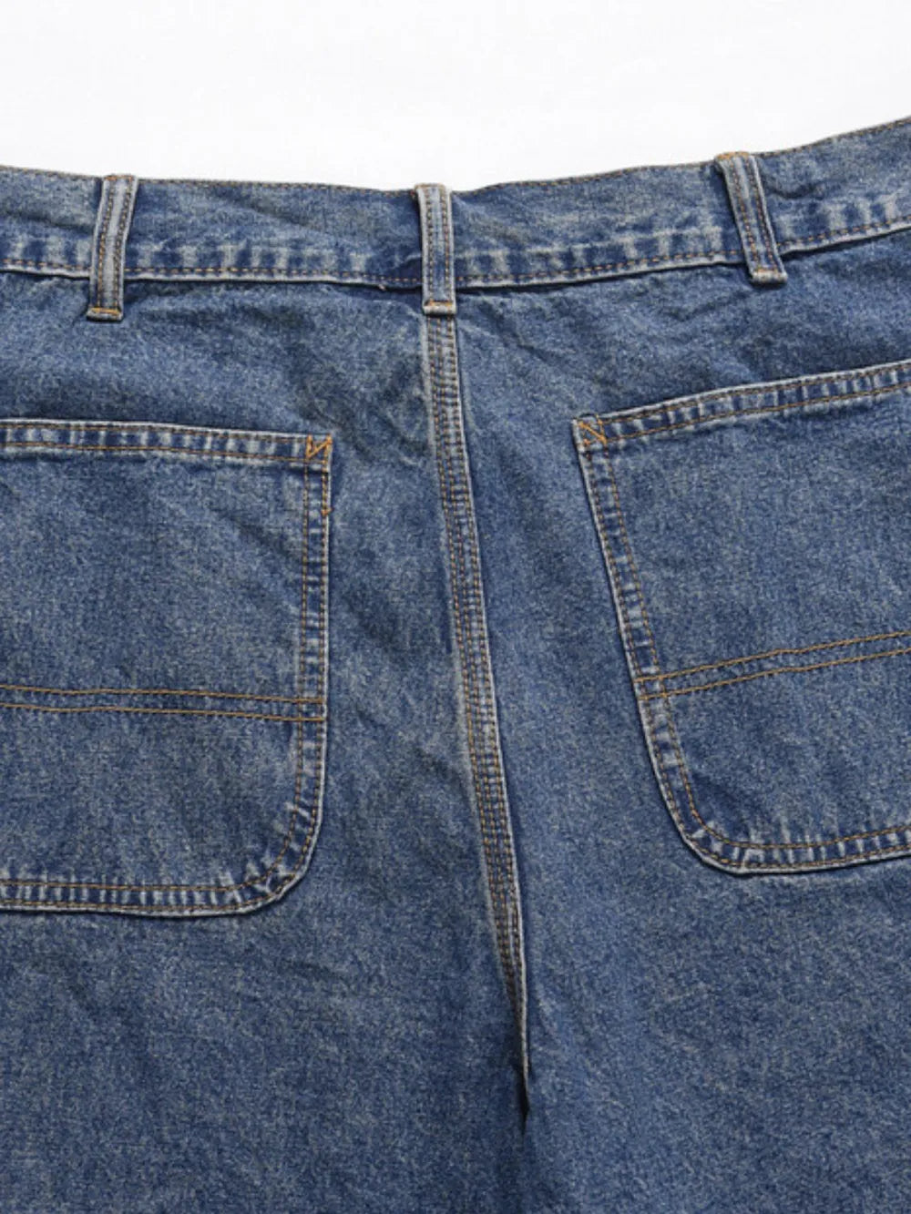 Men's Washed Denim Bermuda Shorts, blue denim with contrast orange stitching and back pockets.