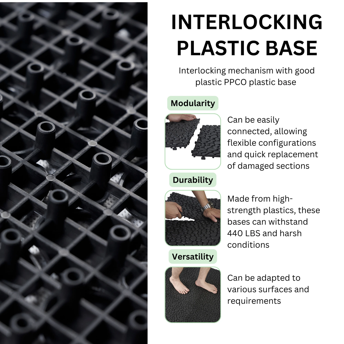12 x 12 inch black interlocking deck tiles, plastic waterproofing, pebble pattern, pack of 12 by eprolo