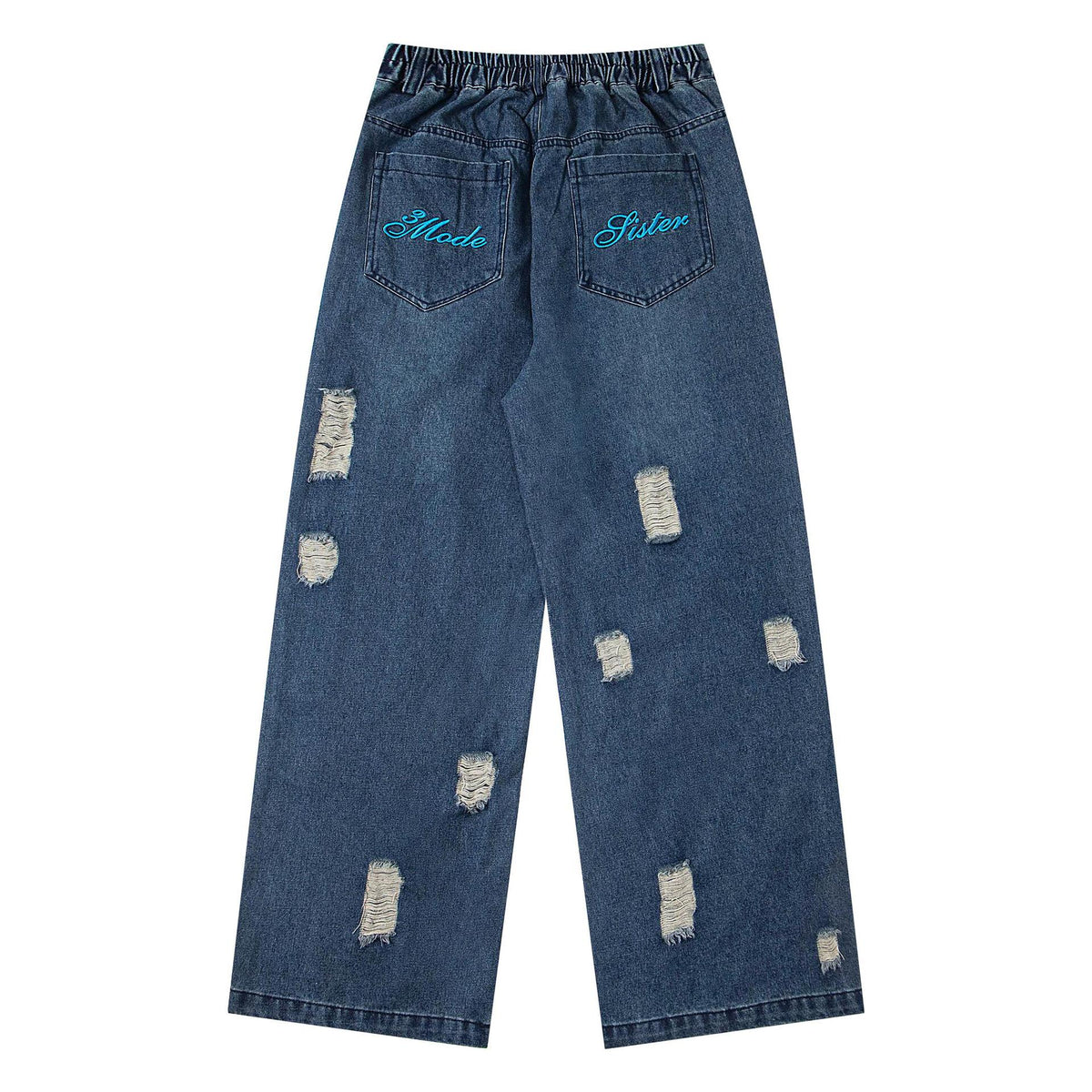 Cartoon-embroidered denim jeans with elastic waist and distressed patches; Made and Sister embroidery on back pockets