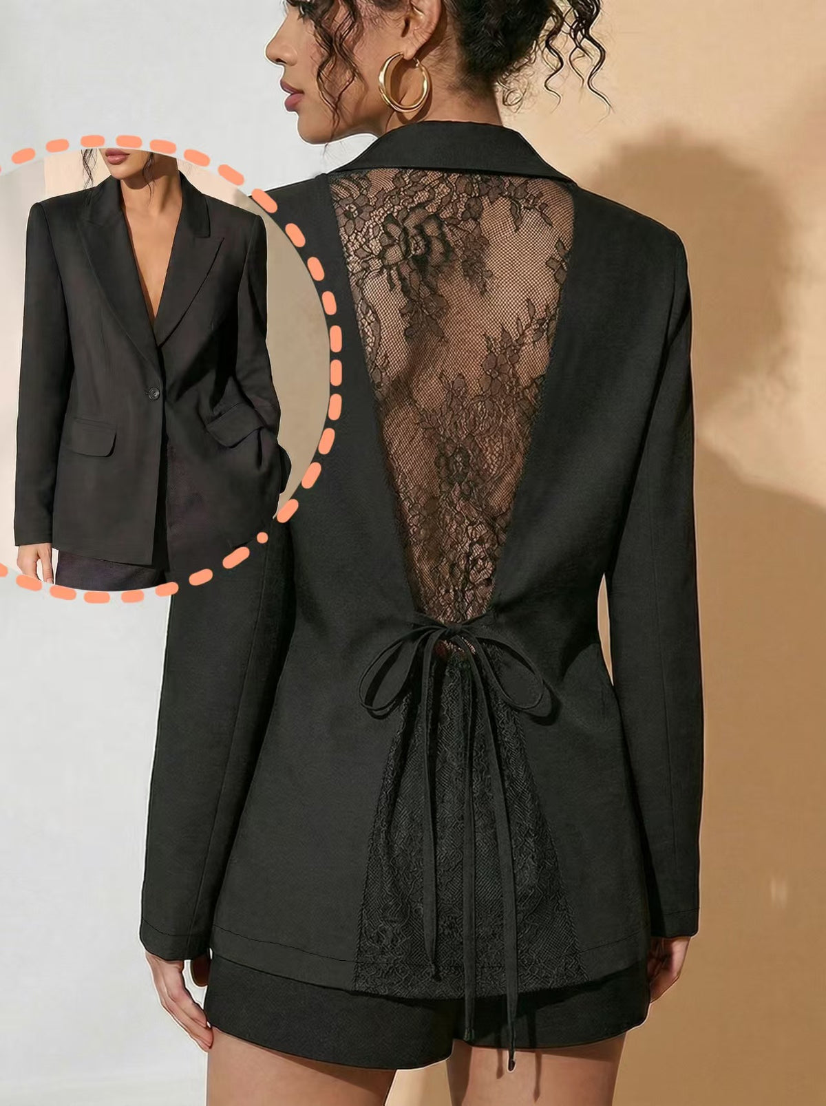 Black blazer with sheer lace back panel and cinched waist by eprolo