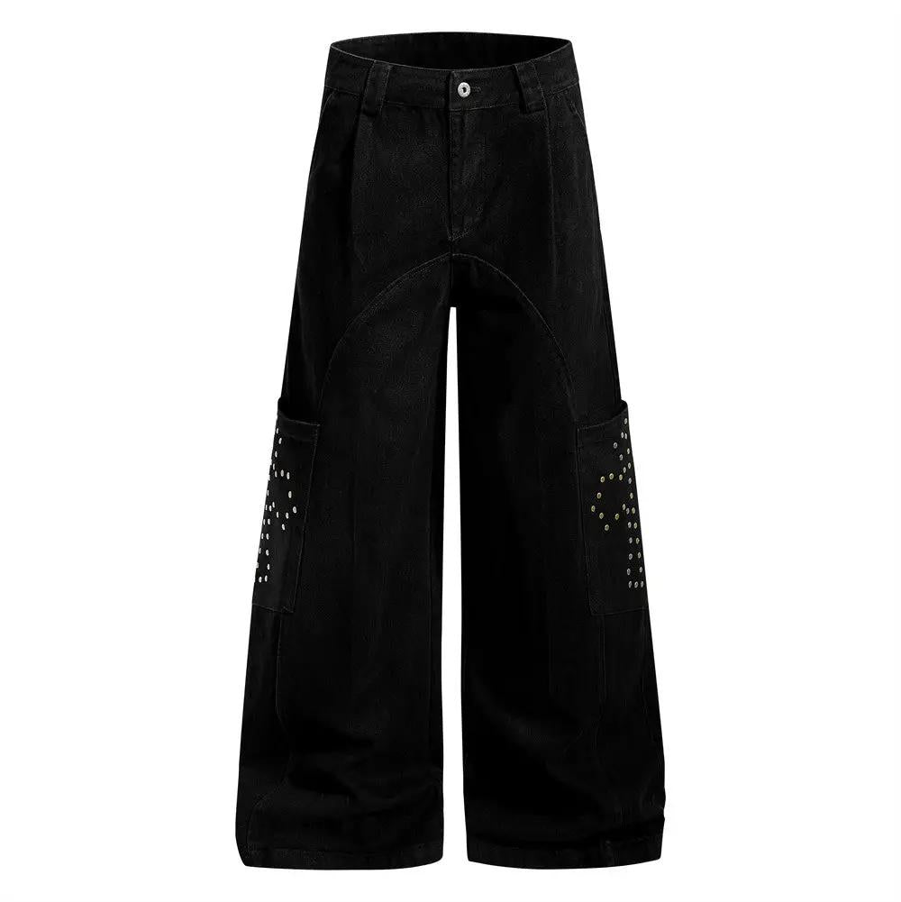 Men's solid black cotton denim wide-leg cowboy streetwear jeans with studded side pockets