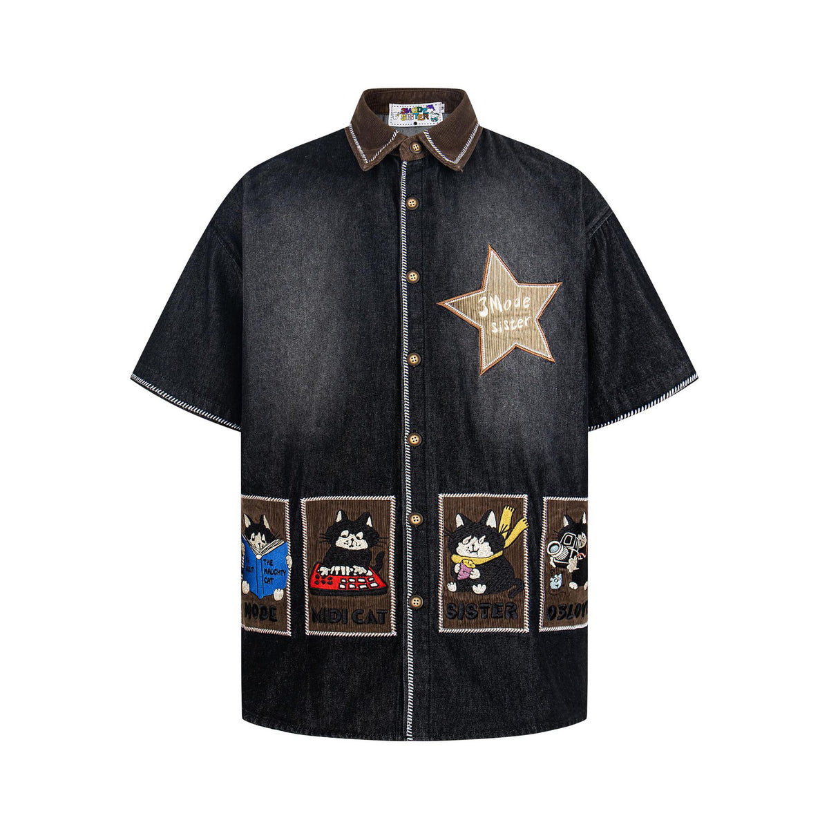 Cat embroidered cowboy short sleeve denim shirt with brown corduroy collar and star patch by eprolo.