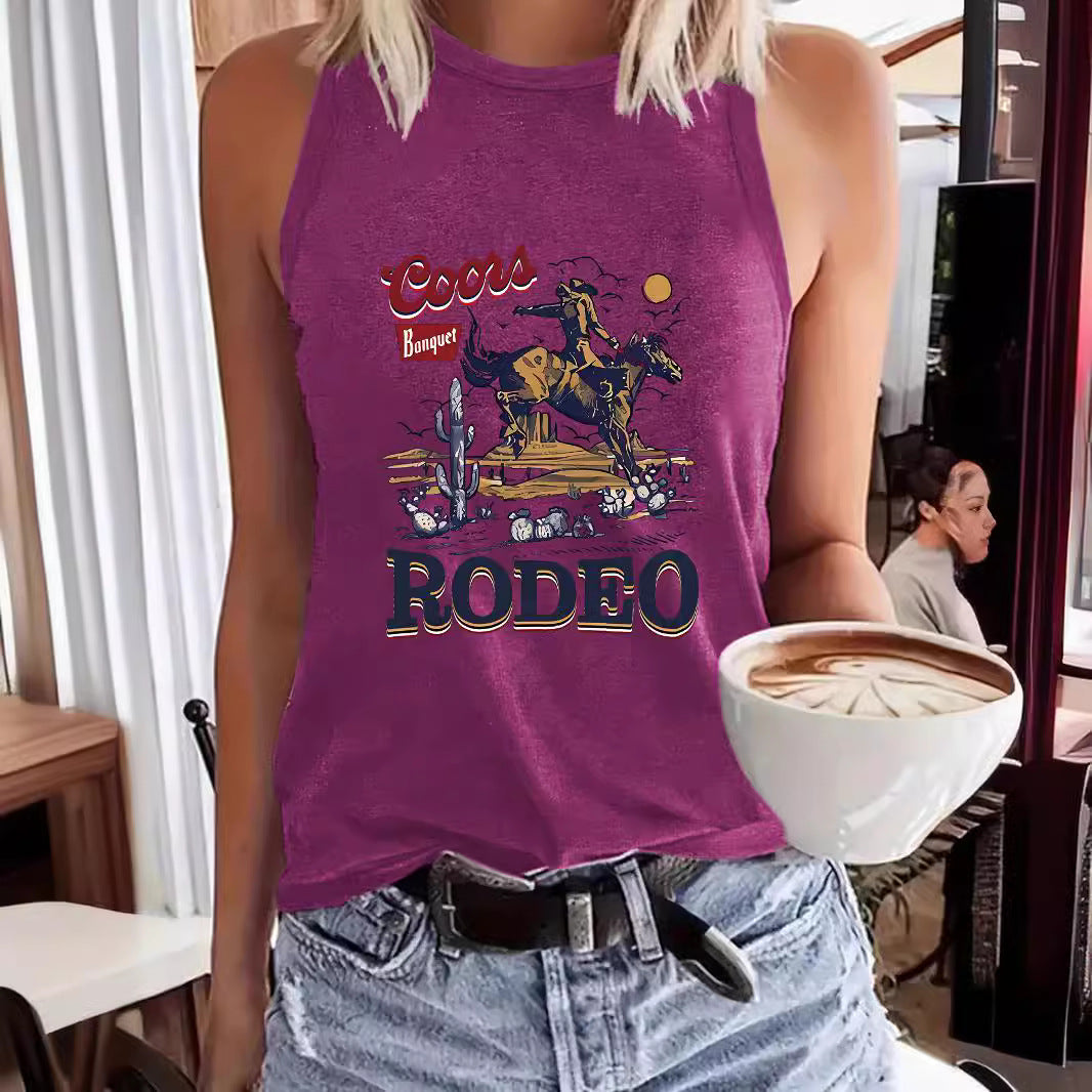 Western denim sleeveless top in purple with desert rodeo scene graphic and bold RODEO lettering