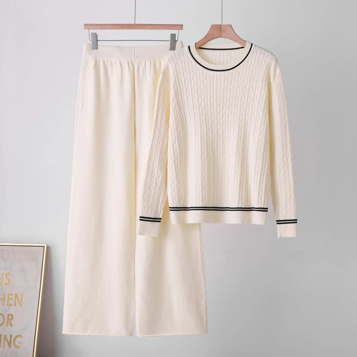 eprolo ivory long-sleeve cable-knit two-piece sweater set with round neck and matching pants