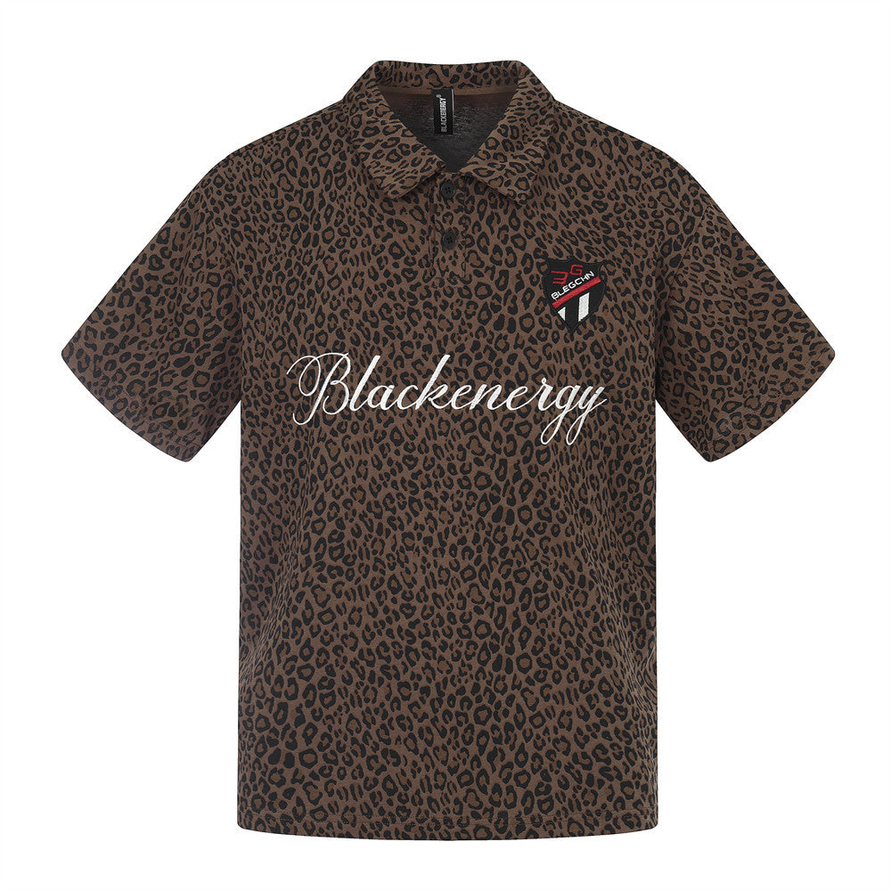 eprolo leopard print brown short-sleeve polo shirt with white Blackenergy script and chest logo