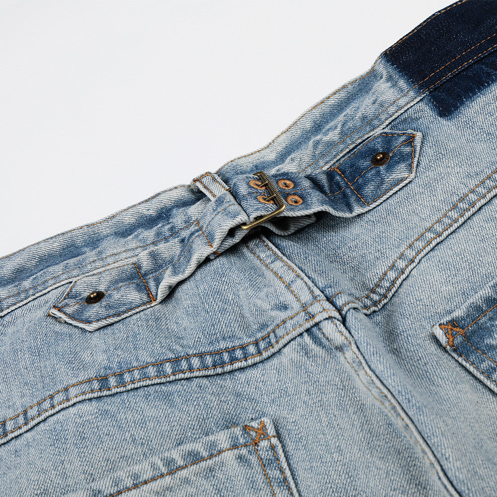 Grinding white gradient denim pants, light blue jeans with belt buckle detail and copper rivets