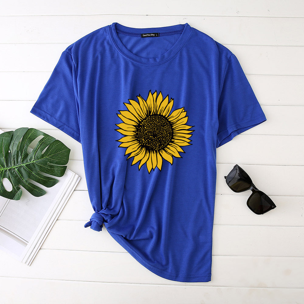T-shirt Tournesol Femme Manches Courtes Col Rond Nouveau
