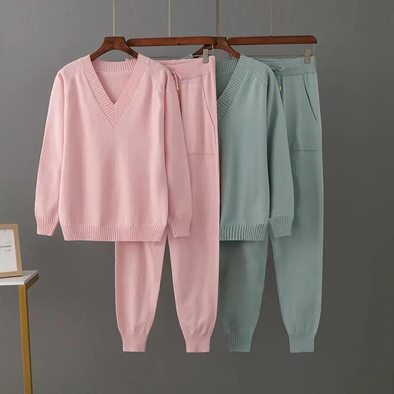 eprolo Classic V-Neck Sweater and Pants Set in pink and mint knitwear; two colorways shown