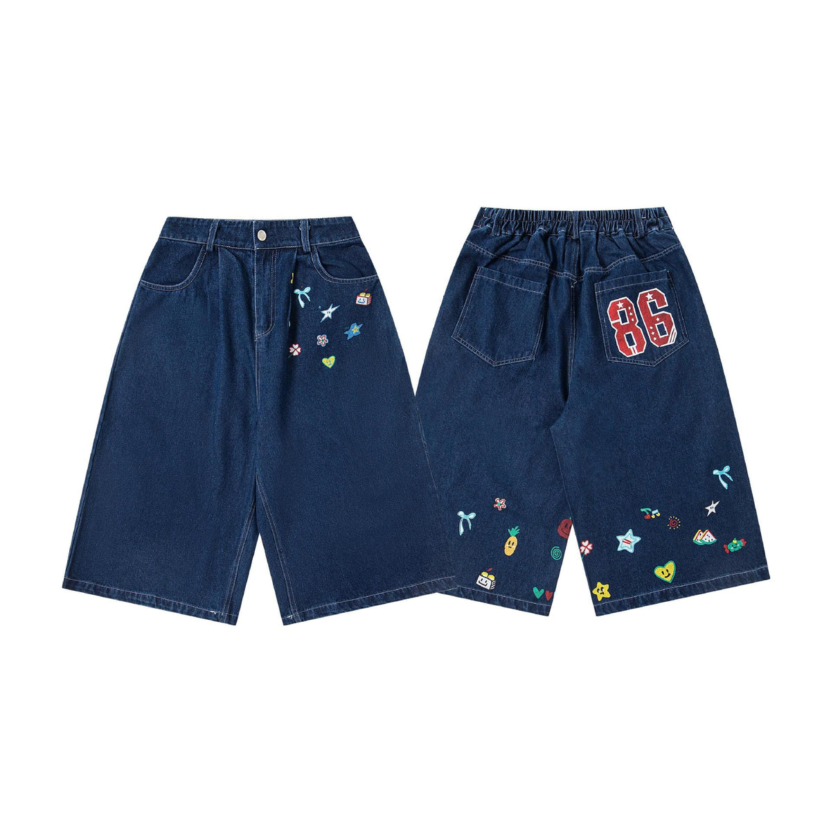 Printed loose denim shorts in blue with colorful embroidery and a back patch; two views shown.