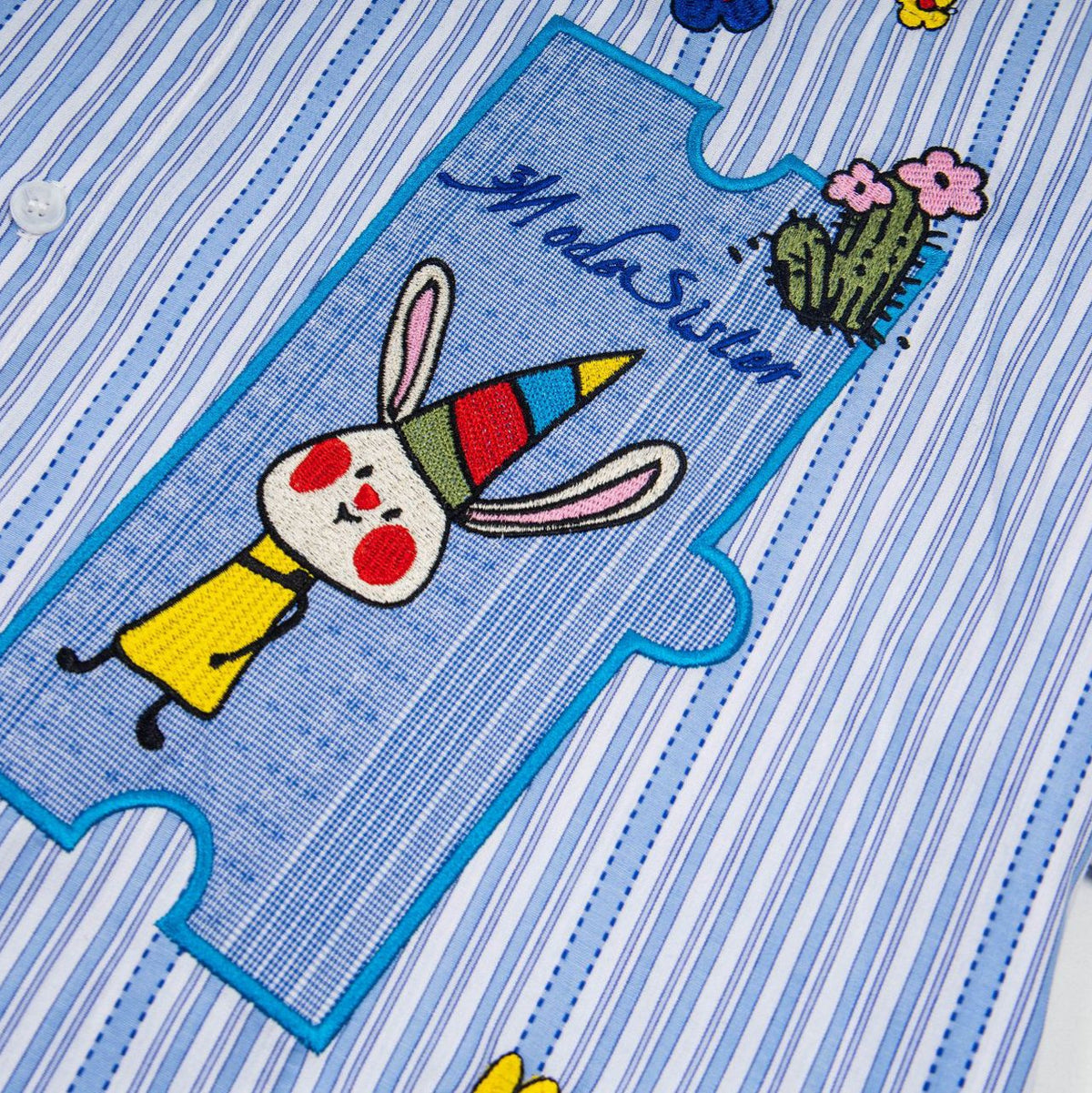 Rabbit embroidered short sleeve shirt, blue striped fabric, by eprolo.