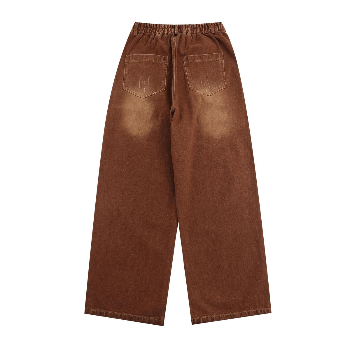 Washed curved knife jeans, brown with elastic waistband, back view with two patch pockets.