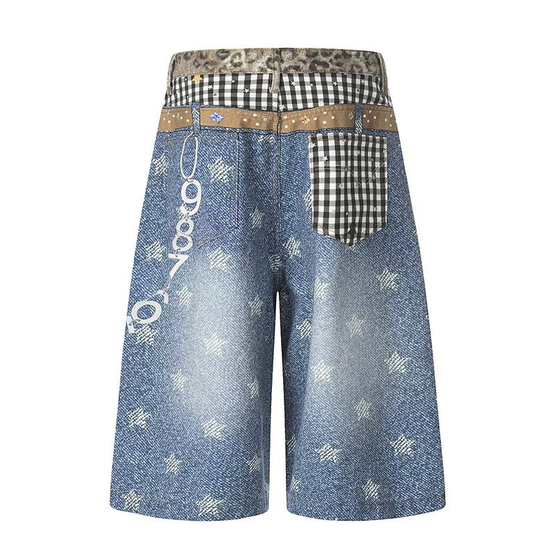 Star 3D printed washed denim shorts with gingham patch pocket