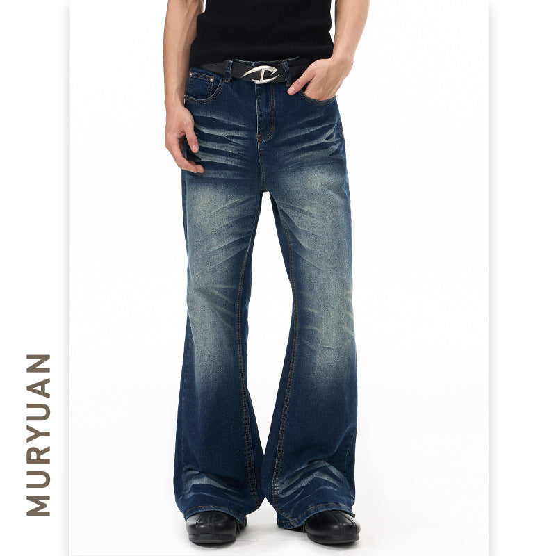 Street Style Slim Fit Stretch Flared Jeans, blue denim with faded wash, MURYUAN label