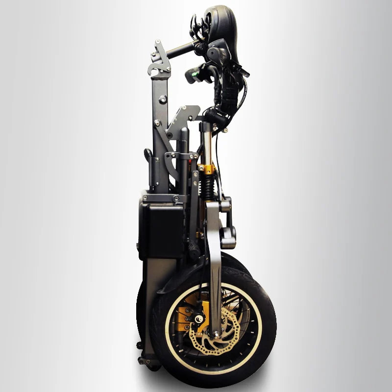 Folding Three-Wheel Electric Bike by PrimeCanada.Store, compact black frame with gold brake rotors and large wheel.