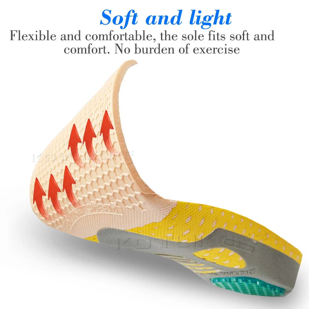 Kotlikoff orthopedic shoe insoles with peach top layer, yellow underside, gray arch support, and green heel.