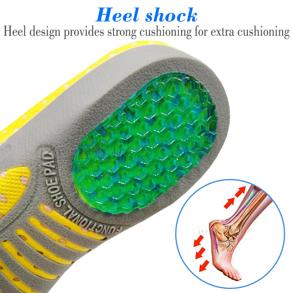 Kotlikoff orthopedic shoe insoles, gray with yellow trim and green hex-grid cushioning