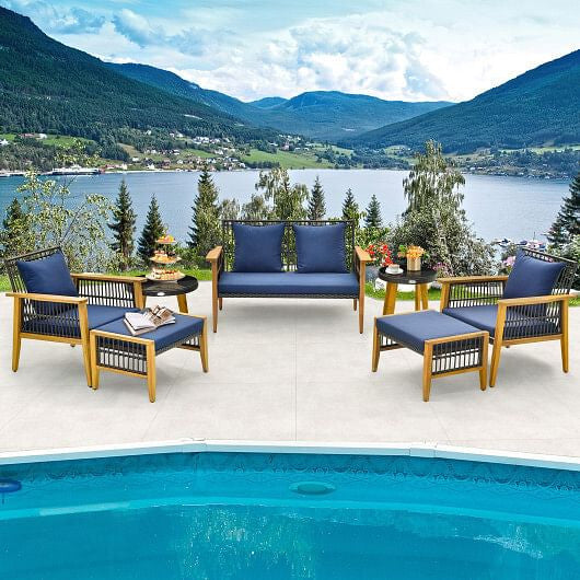 7 Piece Outdoor Conversation Set with Stable Acacia Wood Frame Cozy Seat & Back Cushions-Navy-1