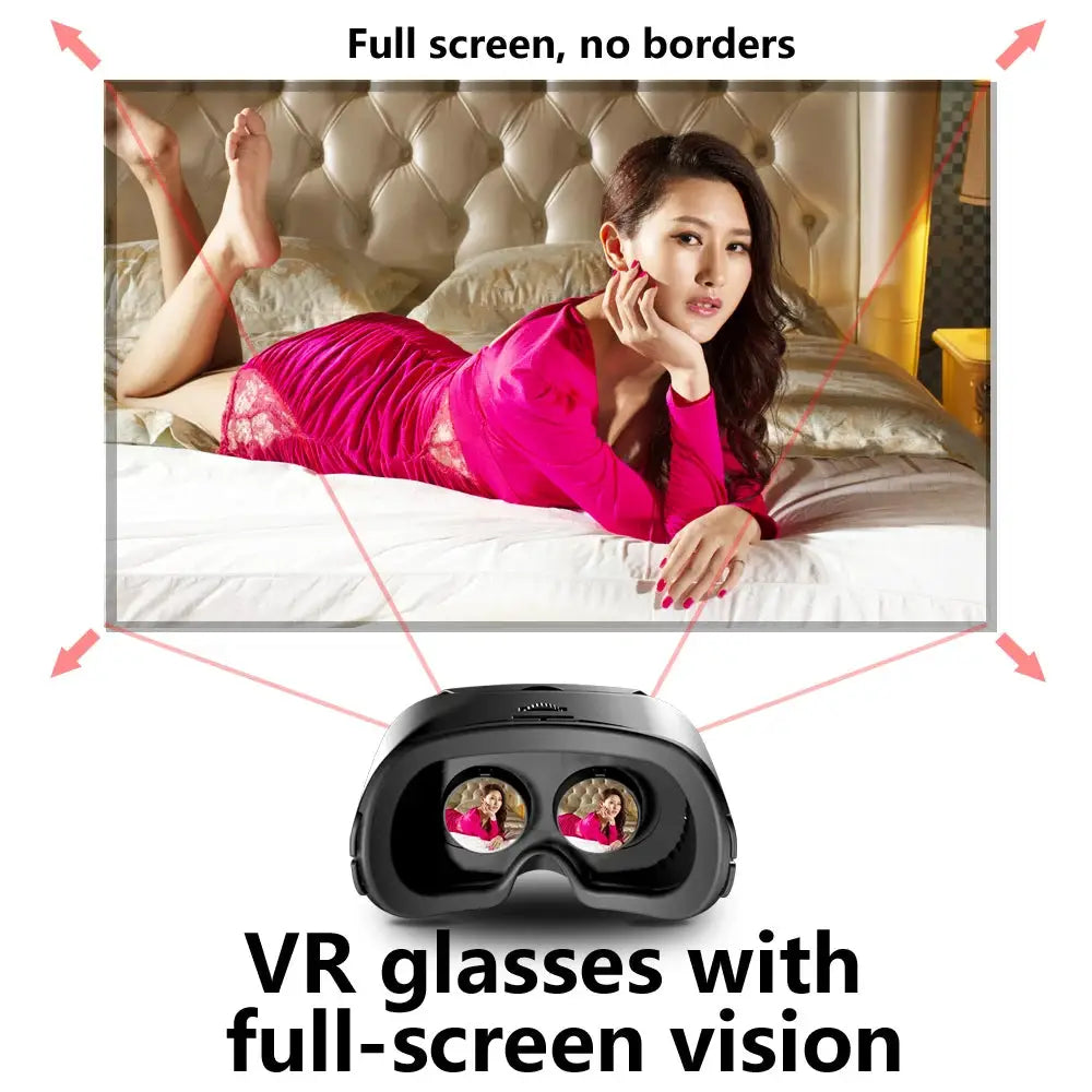 Black VR headset with dual lenses for iPhone/Android smartphones; full-screen immersive view.
