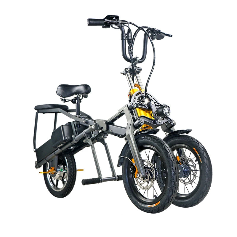 Folding three-wheel electric bike gray frame with yellow accents and long-range lithium battery