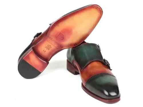 Pair of Paul Parkman captoe double-monkstrap dress shoes in green and camel leather.