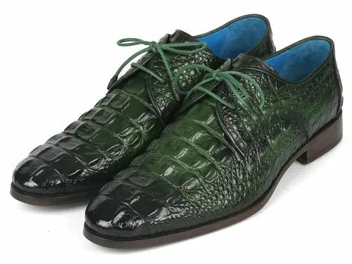 Paul Parkman Men's Green Croco Textured Leather Derby Shoes, croc-embossed green leather pair with blue lining.