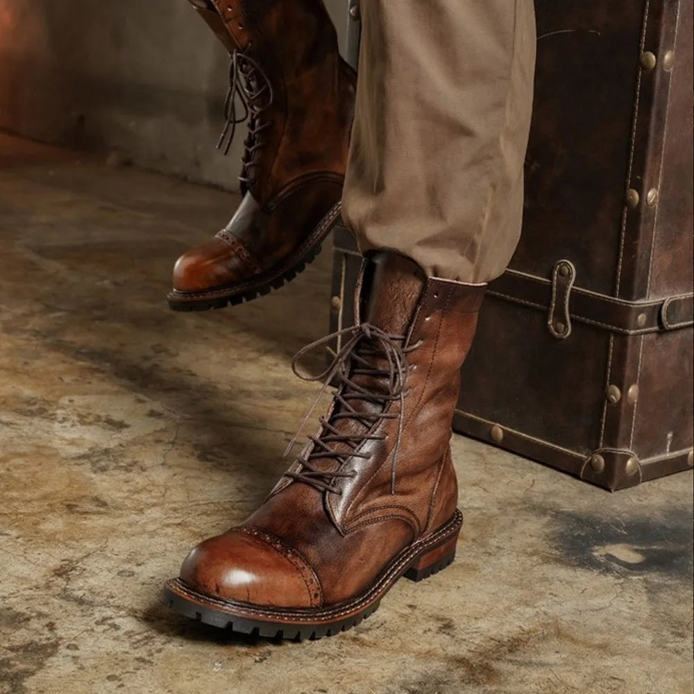 Genuine Leather Western Motorcycle Boots, brown lace-up with rugged outsole for all-day comfort.