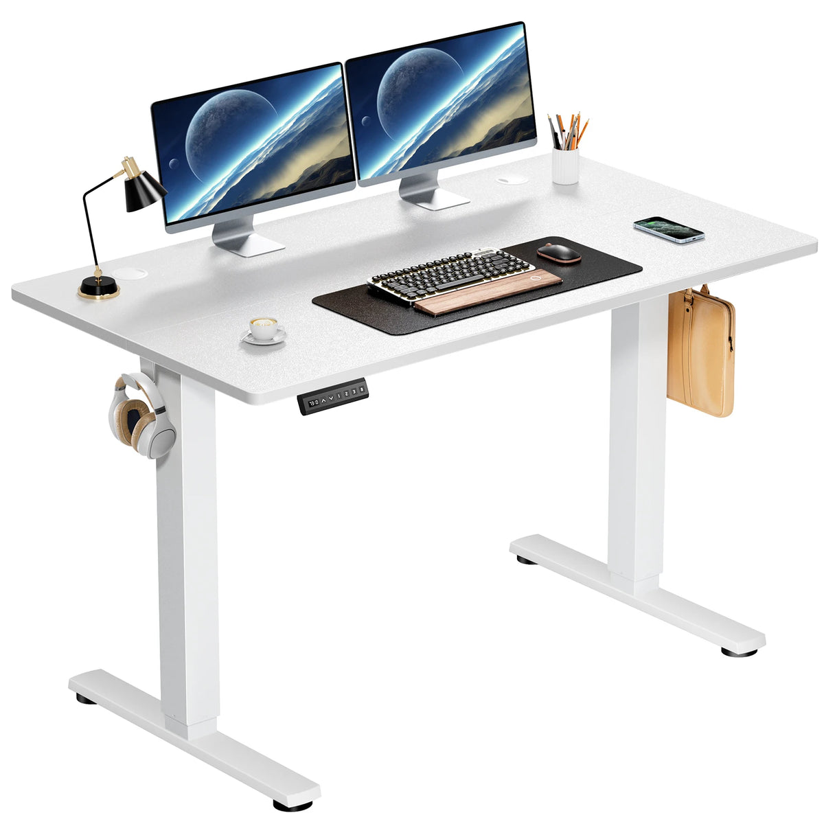 JHK Electric Standing Desk with Memory Height Adjustments, white frame and dual-monitor setup