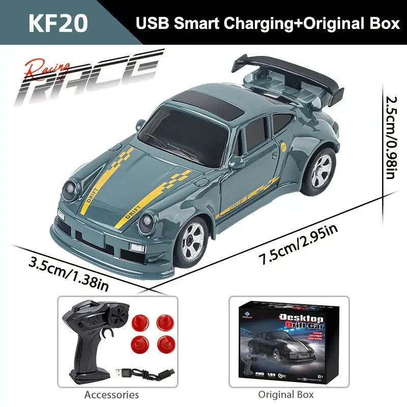 KF20 1/64 High Speed Drift RC Car in teal with 2.4G 4WD, remote, accessories, and original box
