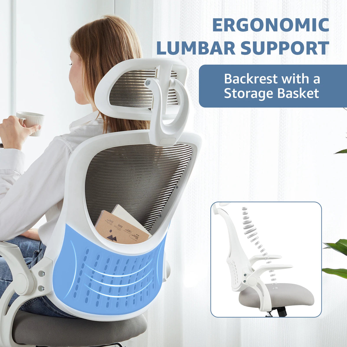 JHK mesh ergonomic office chair with flip-up arms, adjustable headrest, blue seat and white frame.