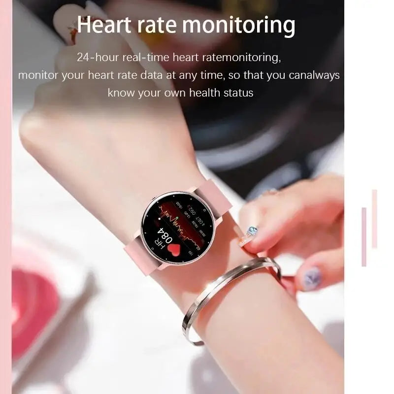 LIGE waterproof smartwatch with pink band on wrist, fitness tracking display showing heart rate