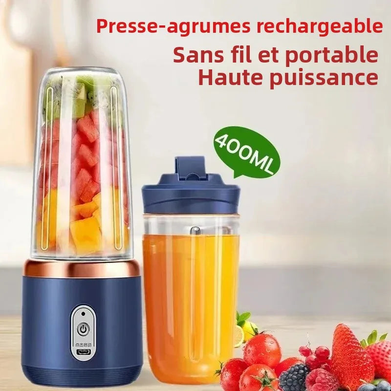 Portable USB blender electric with blue base and copper trim; 2-piece set includes 400ml travel bottle, PrimeCanada.Store