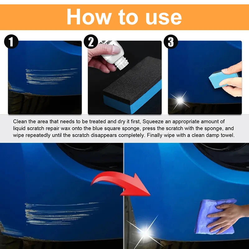 Car scratch remover kit PrimeCanada.Store blue car with sponge liquid cloth shows scratch repair before/after