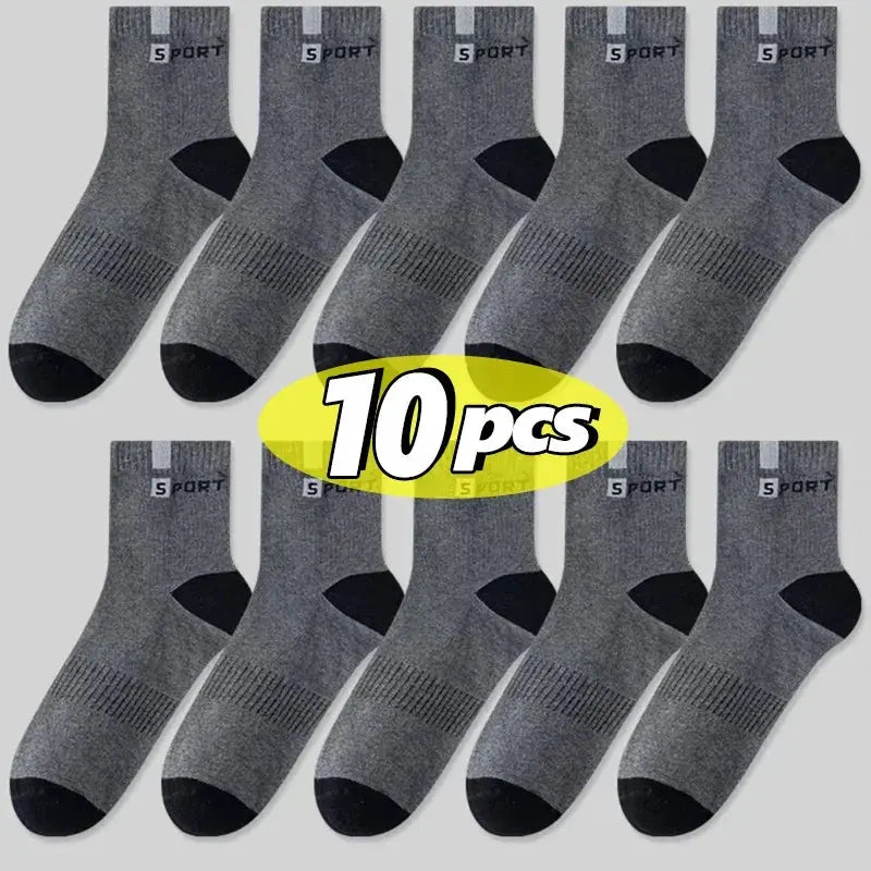 Men's sport cotton socks, breathable gray crew socks with black toe/heel, 10 pairs, SPORT.