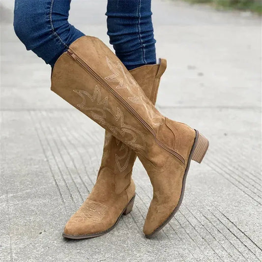 Women's Embroidered Cowboy Boots, tan suede with side zipper