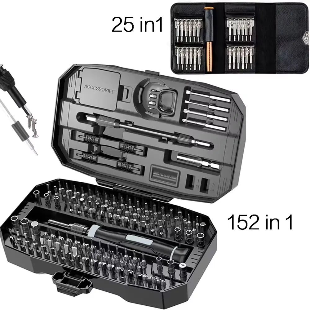 PrimeCanada.Store 152-in-1 precision screwdriver set in a dark gray case; two kit views shown with numerous bits