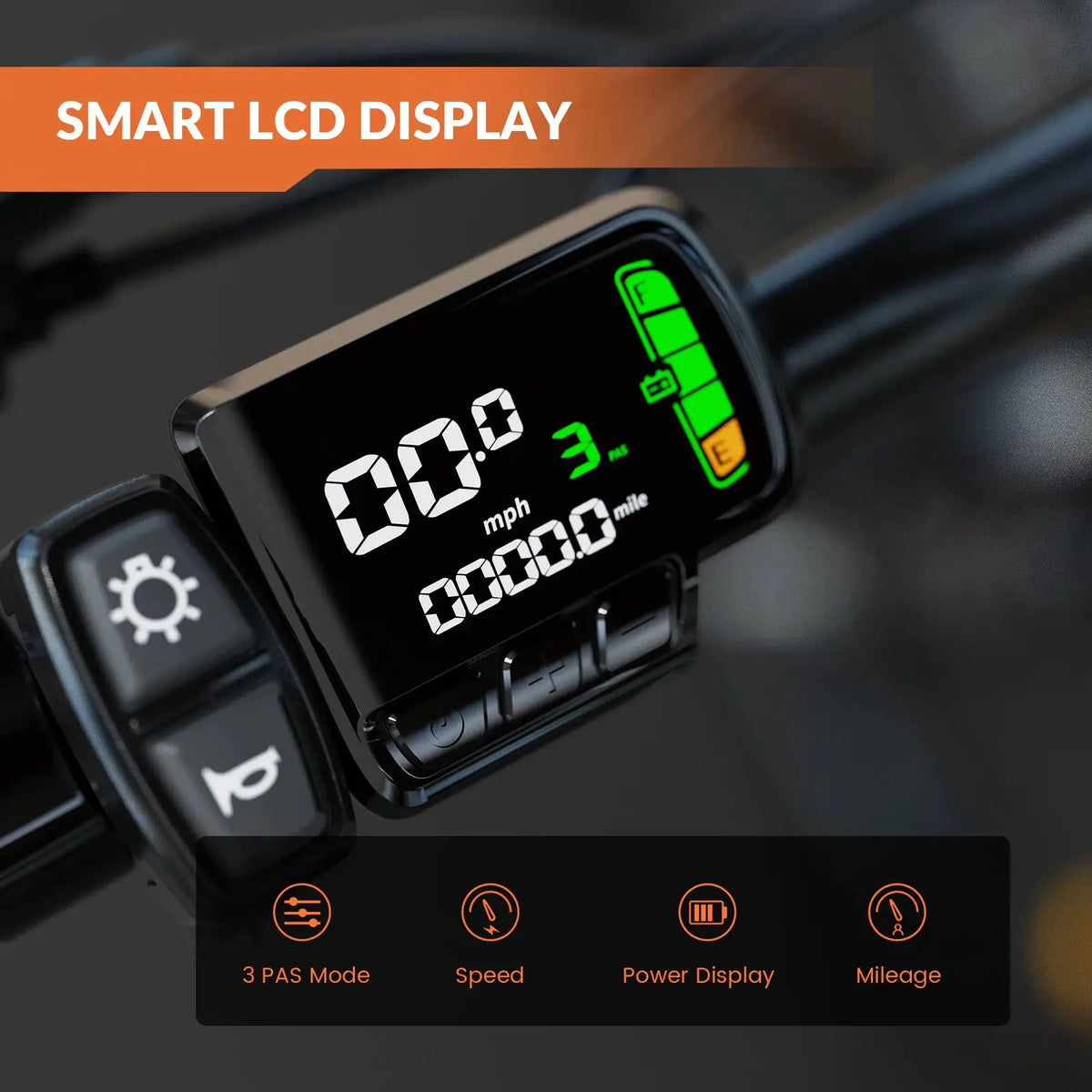 Smart LCD display panel on a black electric bike handlebar, showing speed, mileage, and battery status icons
