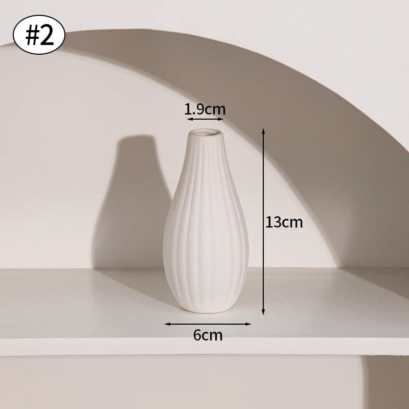 Ceramic flower vase, white ribbed finish, 13 cm tall, 6 cm base, ideal for dried flower arrangements, retro home decor.