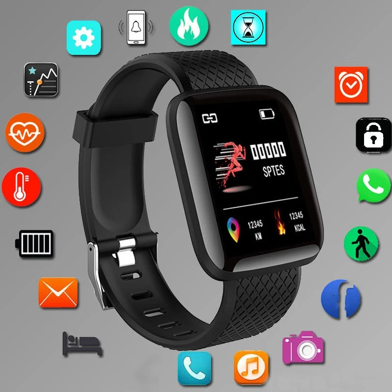 Smart Watch Fitness Tracker by PrimeCanada.Store, black silicone strap with touchscreen display