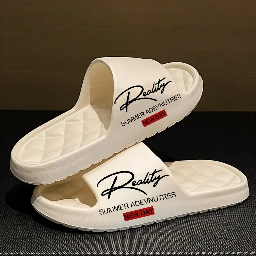 AeroStep Men's EVA slip-on sandals, white pair with Reality logo and quilted footbed
