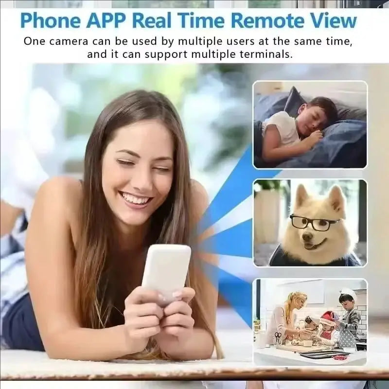 1080P HD Mini Camera WiFi Night Vision for home use; remote app viewing; shows 3 scenes.