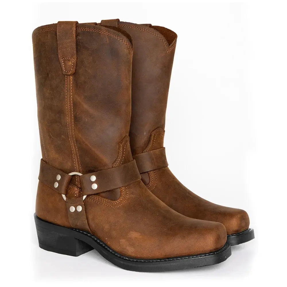 Pair of brown leather cowboy boots, handmade with strap detail and metal studs, black sole