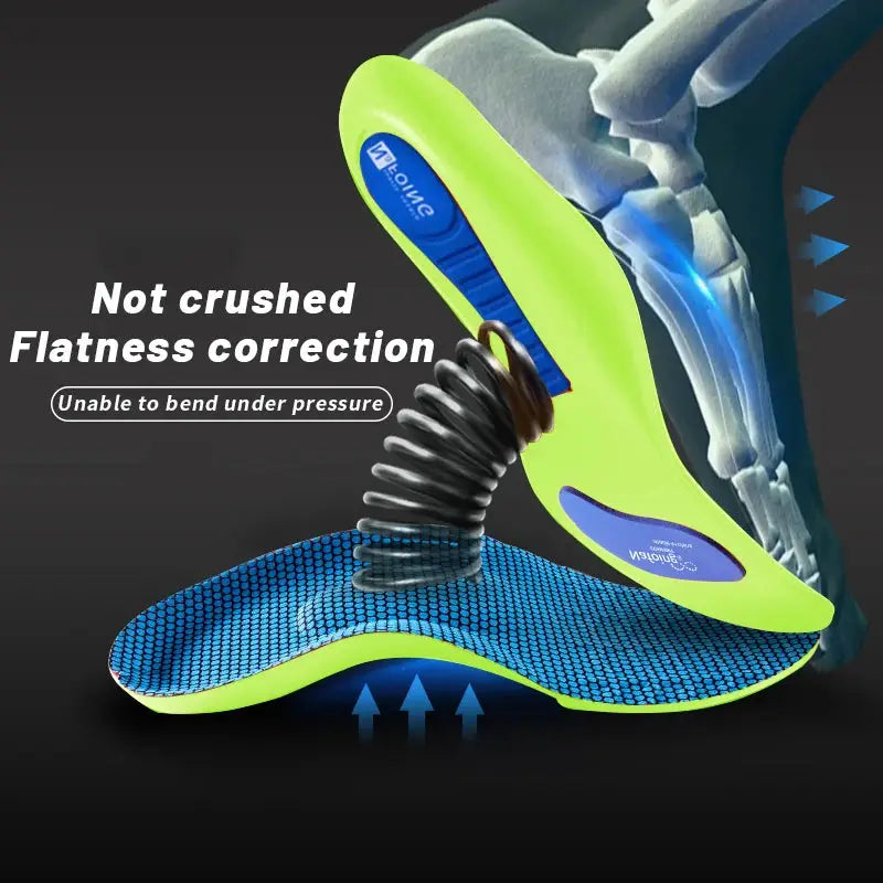 Orthopedic insoles for feet; lime-green and blue shock-absorbing arch support for men and women