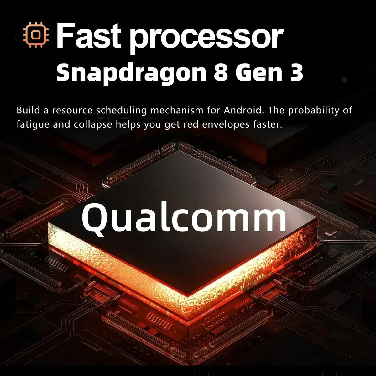 Qualcomm Snapdragon 8 Gen 3 processor on an orange-lit circuit board