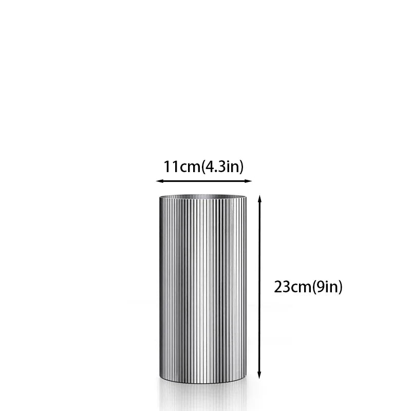 PrimeCanada.Store stainless steel Scandinavian designer vase, vertical ribbed cylinder, 23cm tall, 11cm diameter.