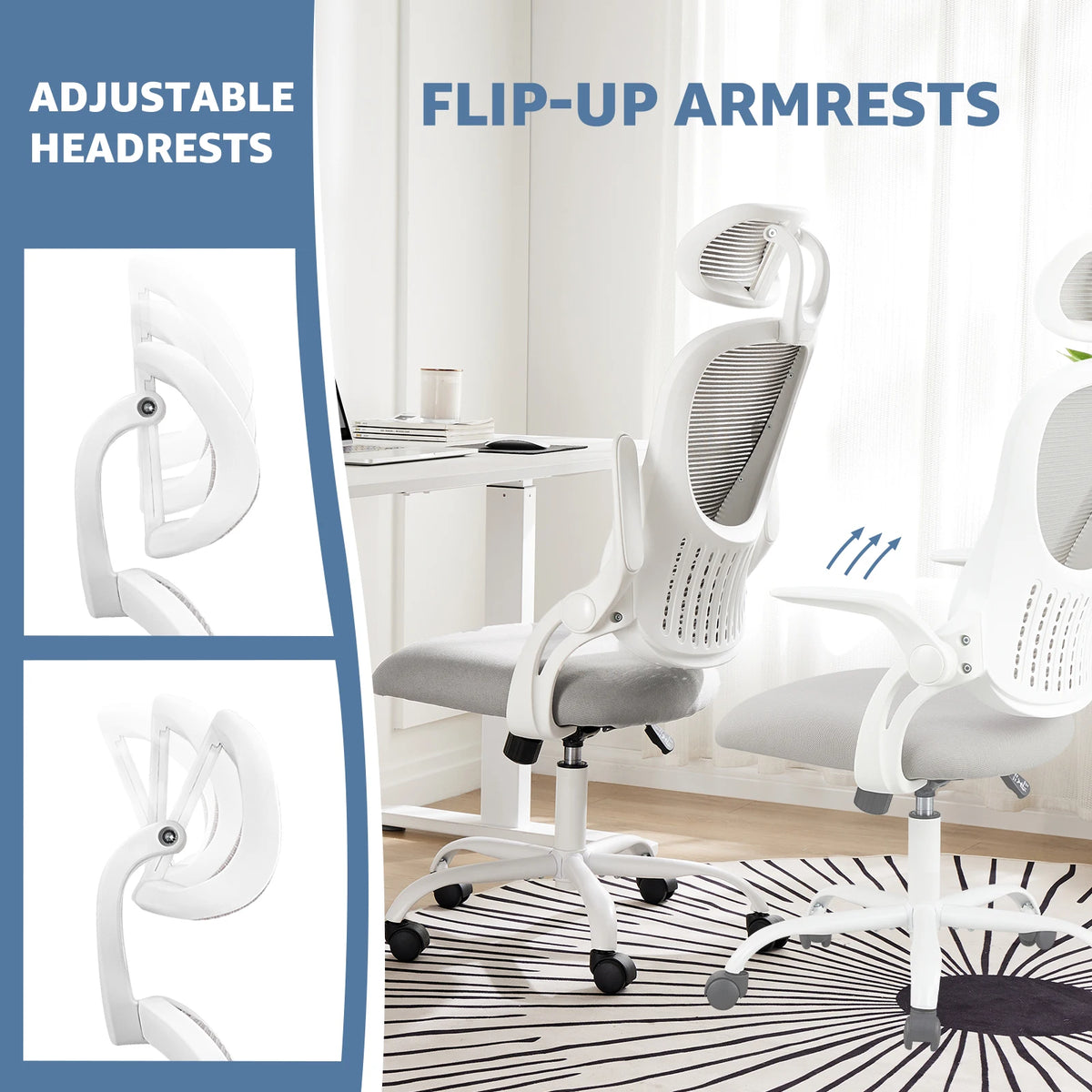 JHK Mesh Ergonomic Office Chair, white mesh with flip-up arms and adjustable headrest; two chairs shown