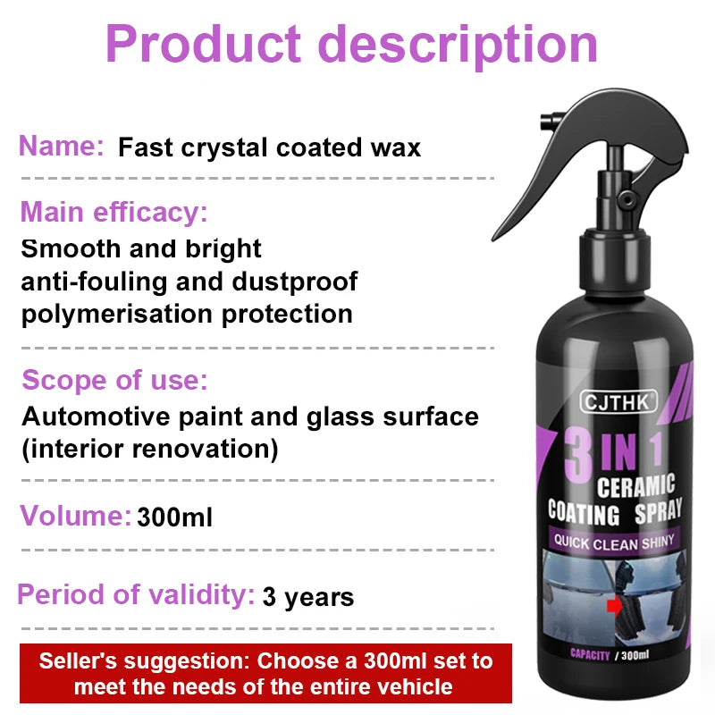 CJTHK 3 in 1 Ceramic Coating Spray bottle; black spray bottle with purple label, 300 ml